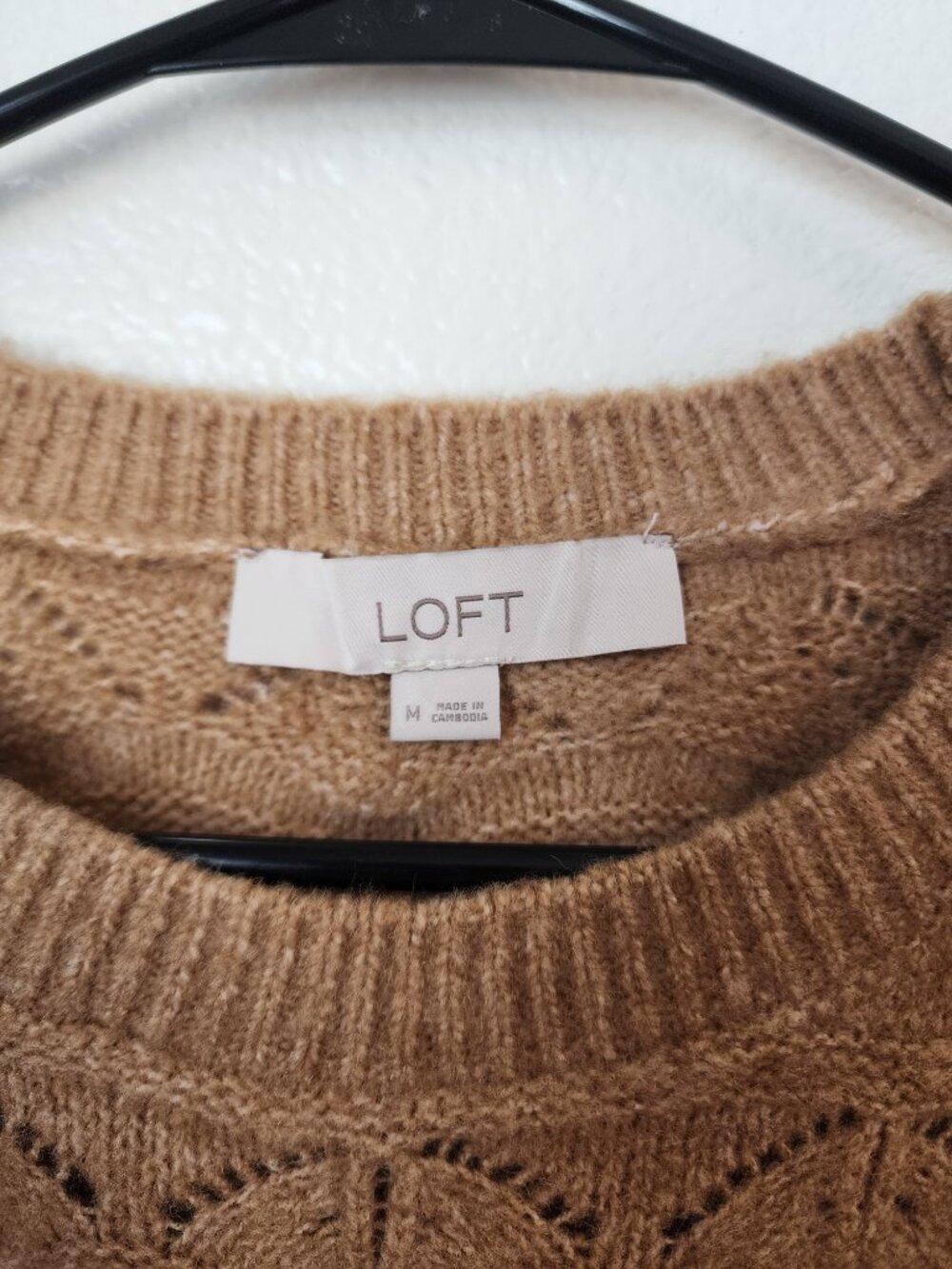 Loft Pointelle Scallop Knit Pullover Sweater Camel Tan M Neutral Minimalist - Picture 4 of 8